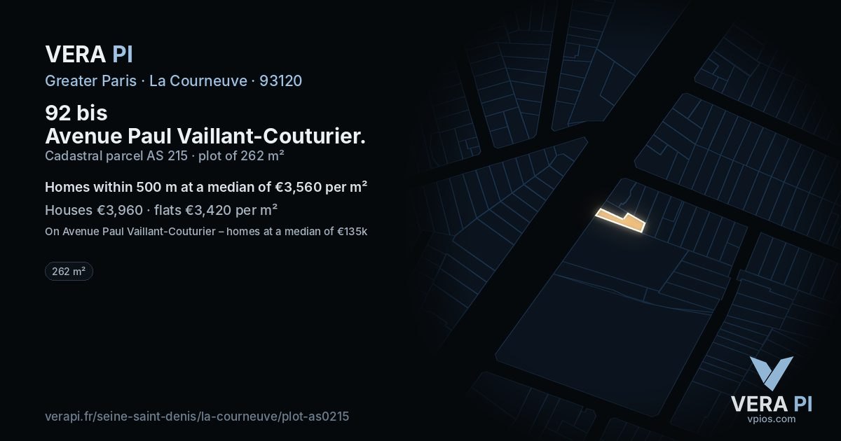 92 bis Avenue Paul Vaillant-Couturier, La Courneuve at night – the plot lit, the parcels around coloured by the prices near them