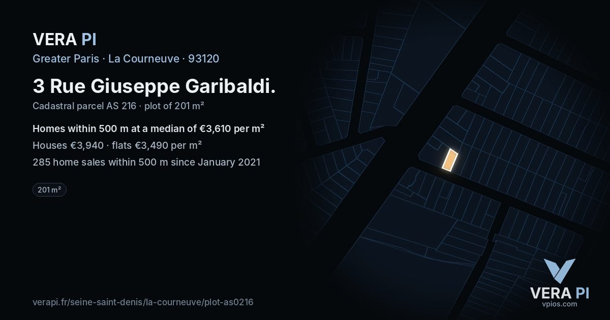 3 Rue Giuseppe Garibaldi, La Courneuve at night – the plot lit, the parcels around coloured by the prices near them