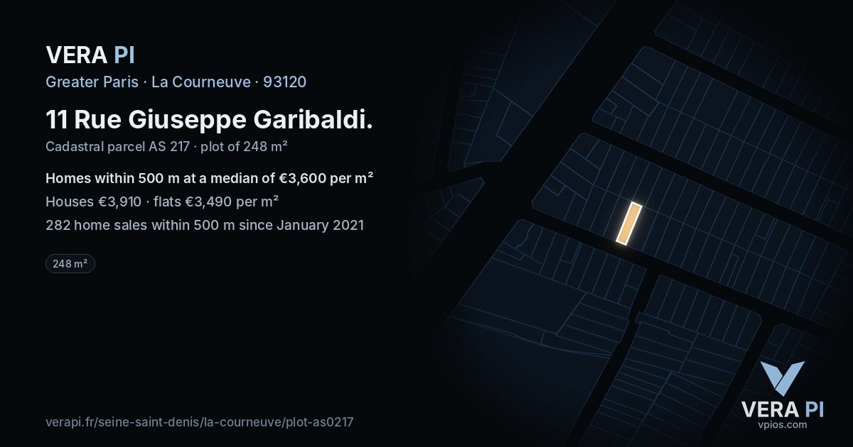 11 Rue Giuseppe Garibaldi, La Courneuve at night – the plot lit, the parcels around coloured by the prices near them