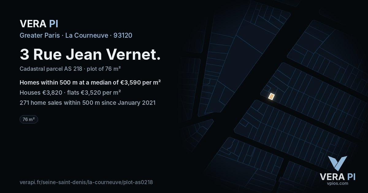 3 Rue Jean Vernet, La Courneuve at night – the plot lit, the parcels around coloured by the prices near them