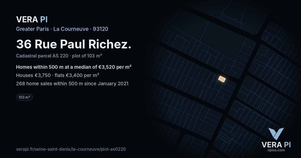 36 Rue Paul Richez, La Courneuve at night – the plot lit, the parcels around coloured by the prices near them