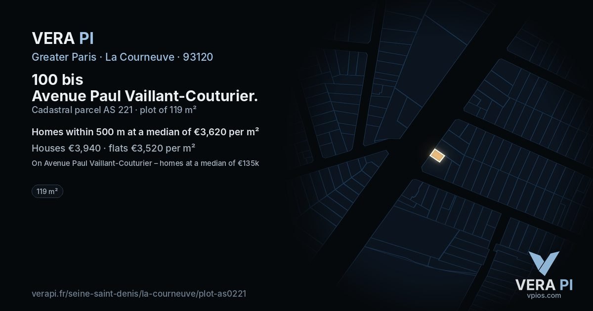 100 bis Avenue Paul Vaillant-Couturier, La Courneuve at night – the plot lit, the parcels around coloured by the prices near them