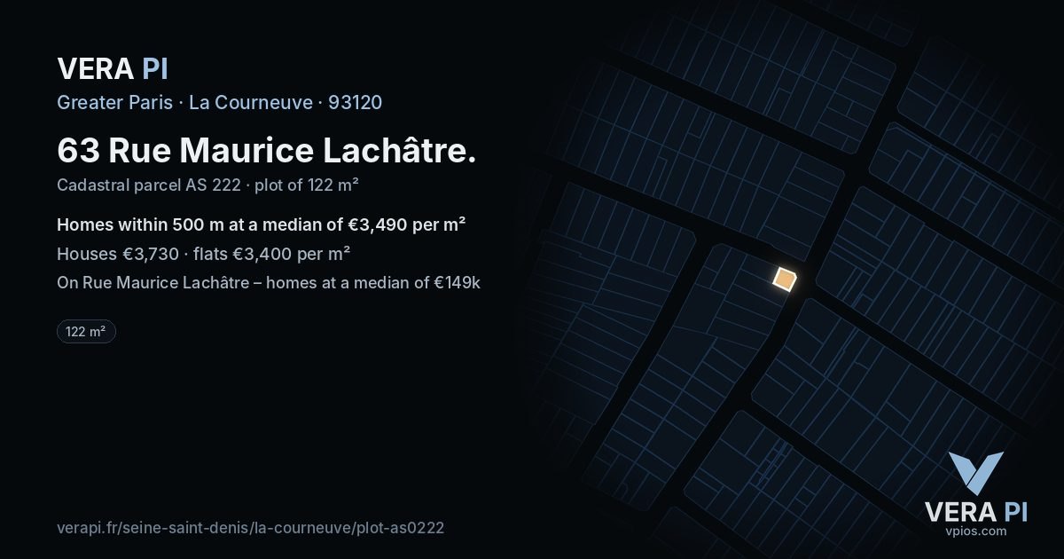 63 Rue Maurice Lachâtre, La Courneuve at night – the plot lit, the parcels around coloured by the prices near them