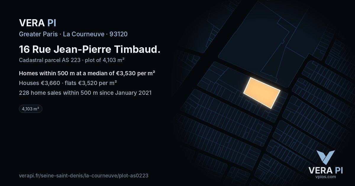 16 Rue Jean-Pierre Timbaud, La Courneuve at night – the plot lit, the parcels around coloured by the prices near them