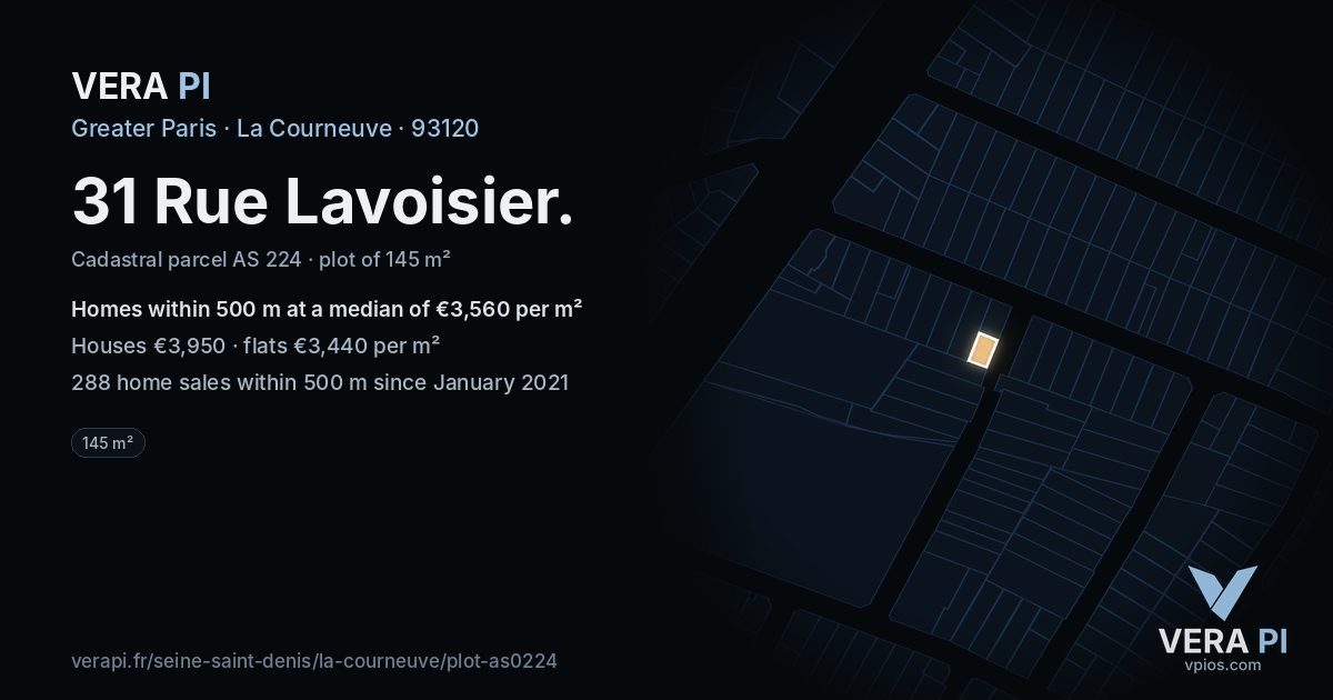 31 Rue Lavoisier, La Courneuve at night – the plot lit, the parcels around coloured by the prices near them