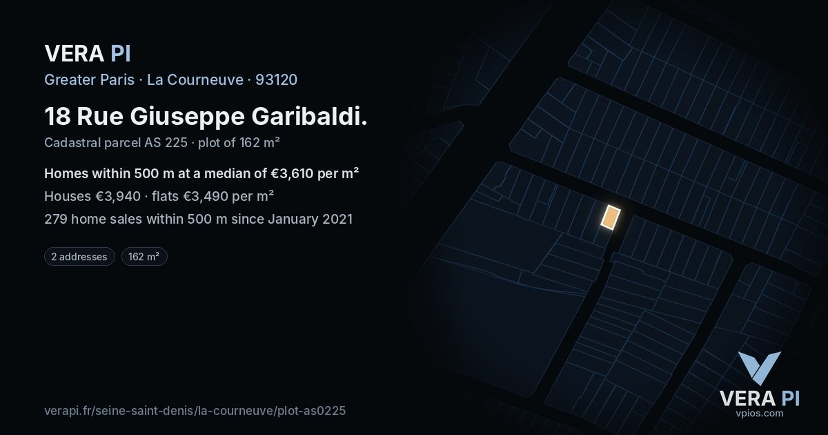 18 Rue Giuseppe Garibaldi, La Courneuve at night – the plot lit, the parcels around coloured by the prices near them