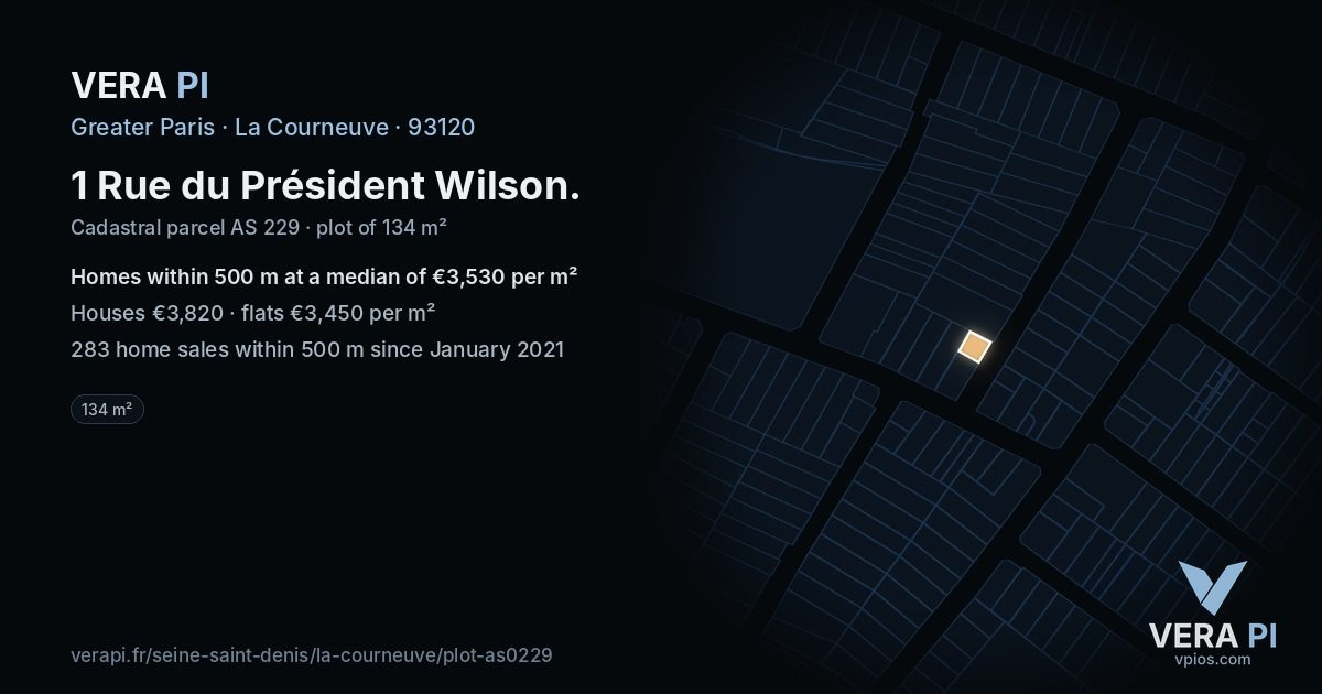 1 Rue du Président Wilson, La Courneuve at night – the plot lit, the parcels around coloured by the prices near them