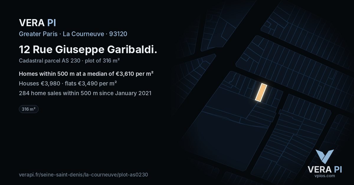 12 Rue Giuseppe Garibaldi, La Courneuve at night – the plot lit, the parcels around coloured by the prices near them