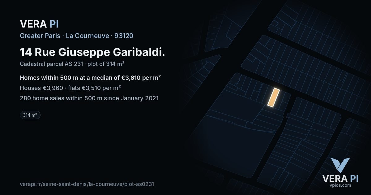 14 Rue Giuseppe Garibaldi, La Courneuve at night – the plot lit, the parcels around coloured by the prices near them