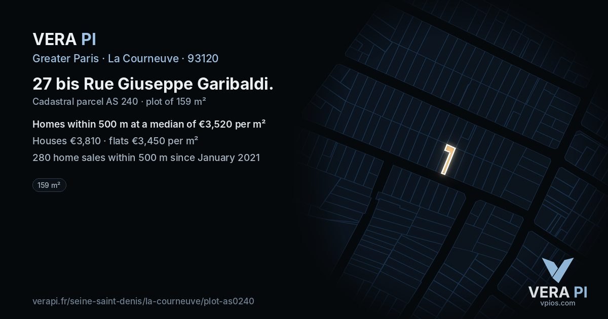 27 bis Rue Giuseppe Garibaldi, La Courneuve at night – the plot lit, the parcels around coloured by the prices near them