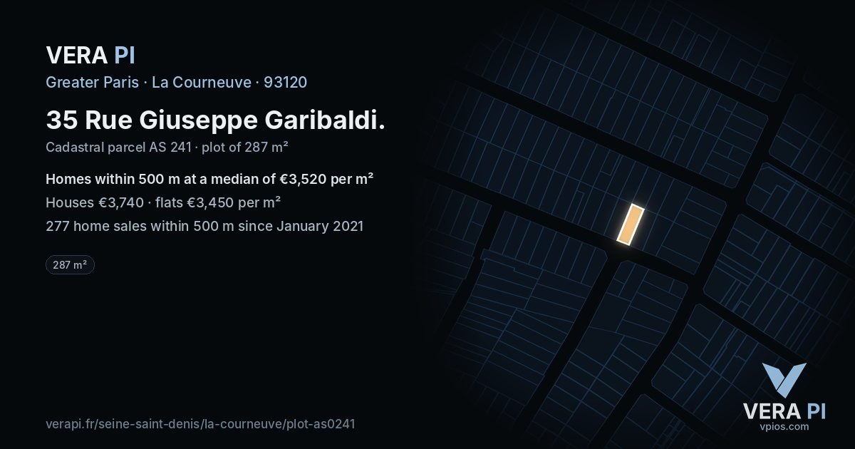 35 Rue Giuseppe Garibaldi, La Courneuve at night – the plot lit, the parcels around coloured by the prices near them