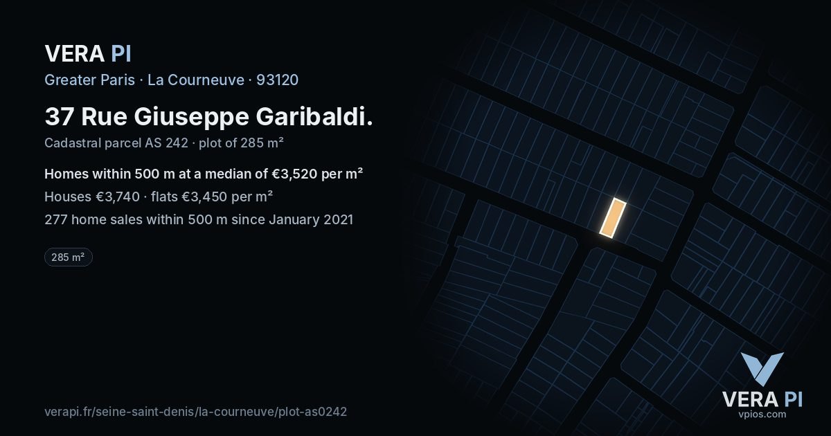 37 Rue Giuseppe Garibaldi, La Courneuve at night – the plot lit, the parcels around coloured by the prices near them