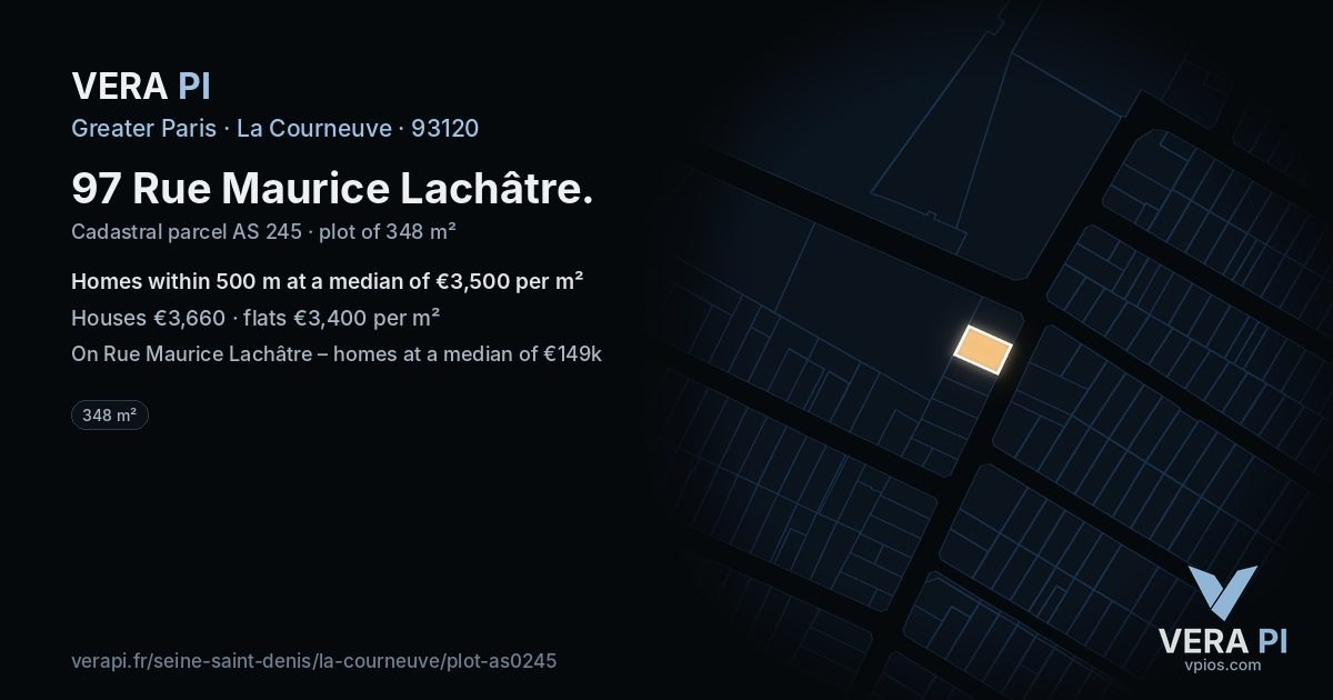 97 Rue Maurice Lachâtre, La Courneuve at night – the plot lit, the parcels around coloured by the prices near them