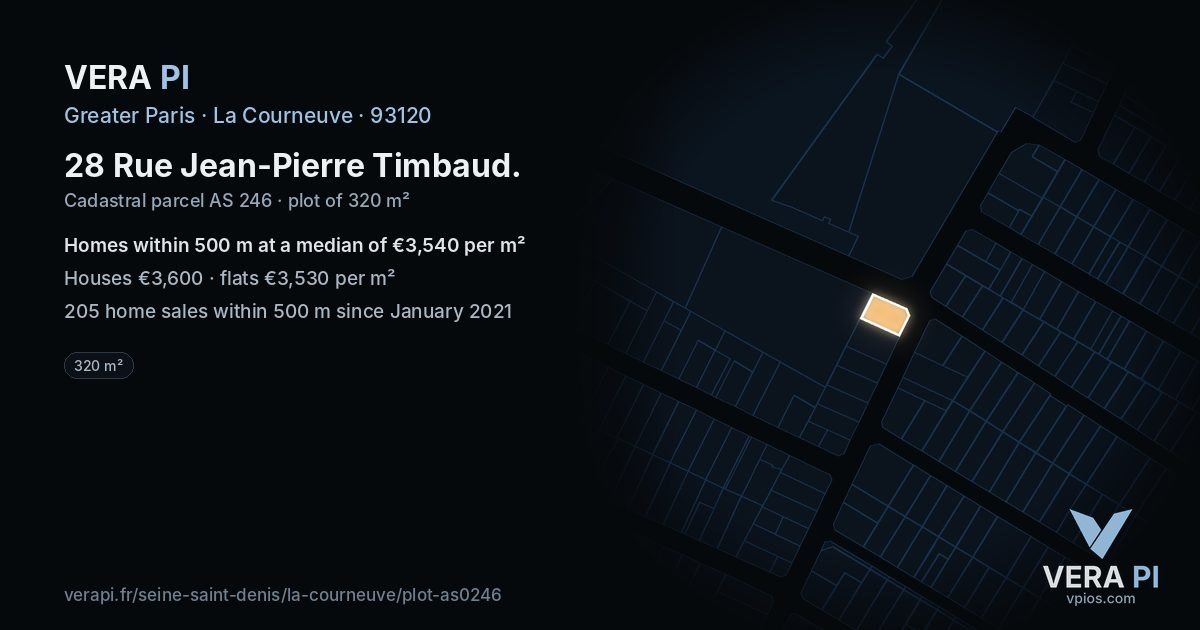 28 Rue Jean-Pierre Timbaud, La Courneuve at night – the plot lit, the parcels around coloured by the prices near them