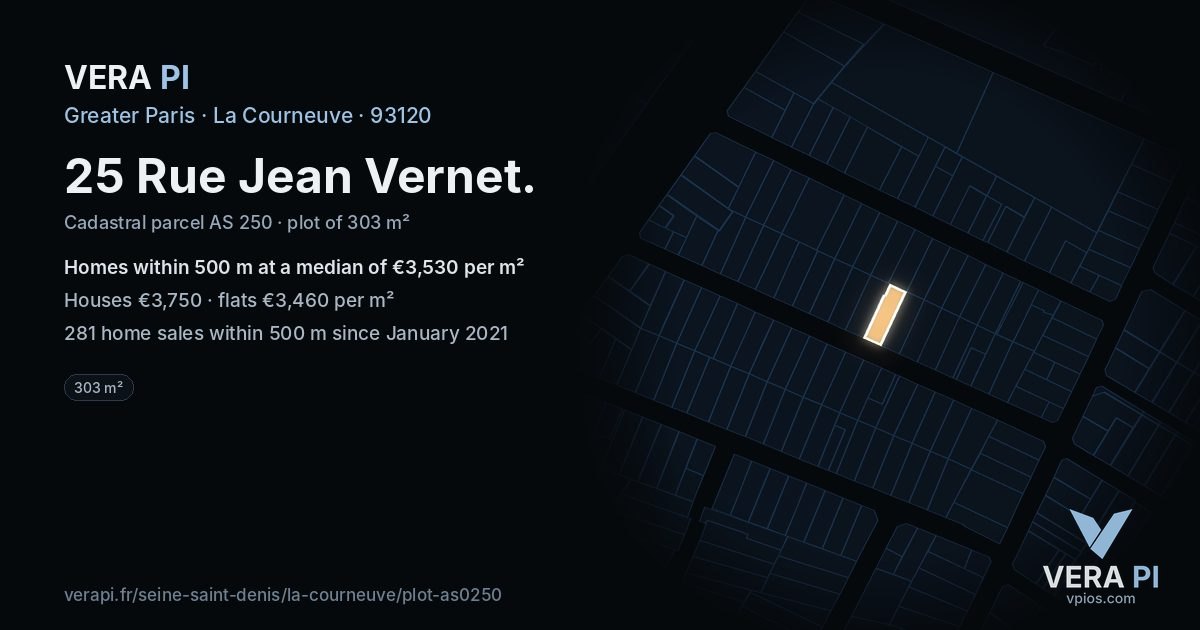 25 Rue Jean Vernet, La Courneuve at night – the plot lit, the parcels around coloured by the prices near them
