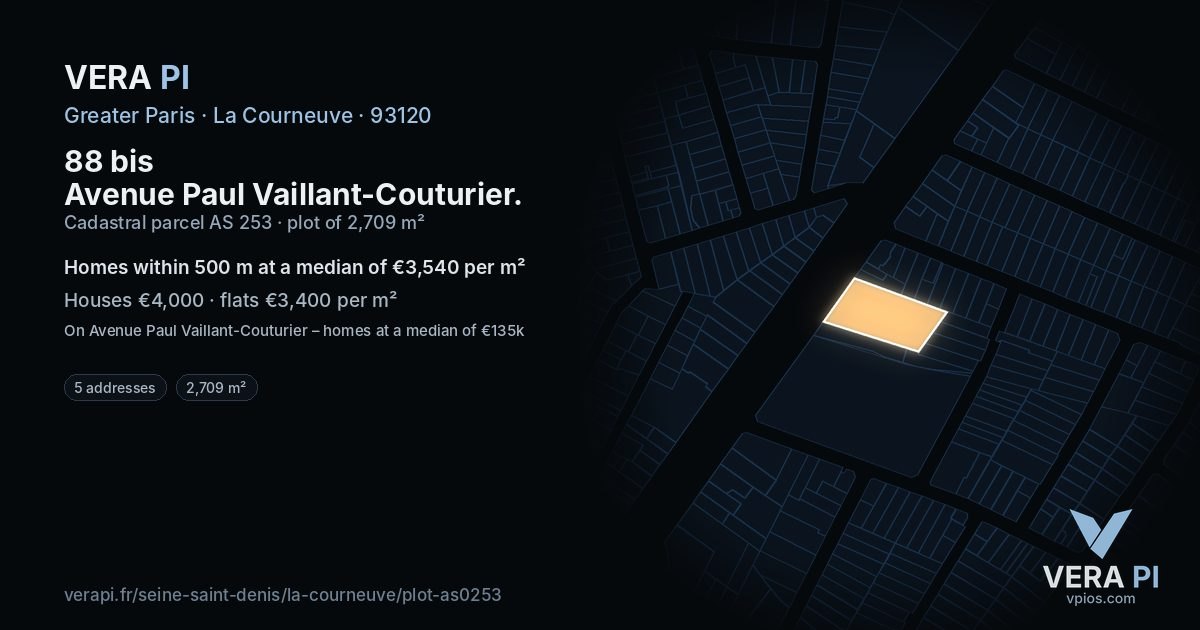 88 bis Avenue Paul Vaillant-Couturier, La Courneuve at night – the plot lit, the parcels around coloured by the prices near them