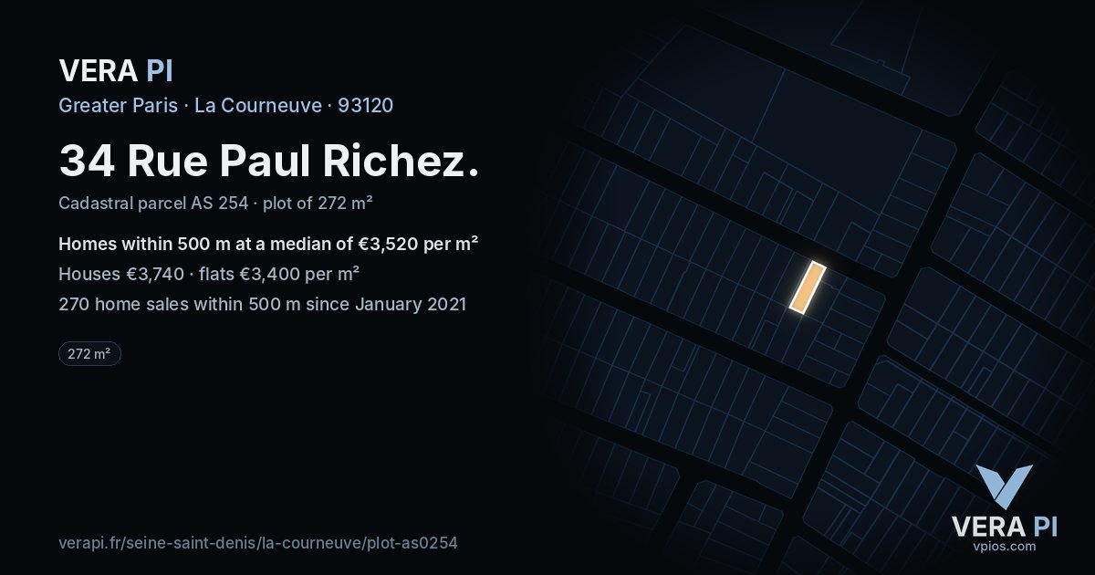 34 Rue Paul Richez, La Courneuve at night – the plot lit, the parcels around coloured by the prices near them