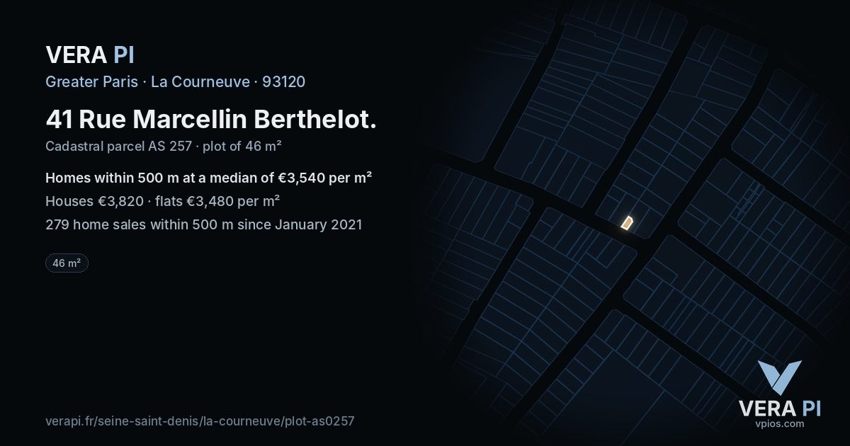 41 Rue Marcellin Berthelot, La Courneuve at night – the plot lit, the parcels around coloured by the prices near them