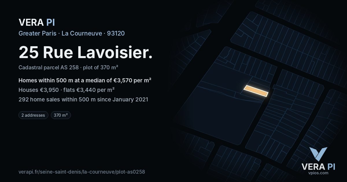 25 Rue Lavoisier, La Courneuve at night – the plot lit, the parcels around coloured by the prices near them
