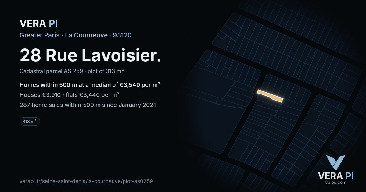 28 Rue Lavoisier, La Courneuve at night – the plot lit, the parcels around coloured by the prices near them