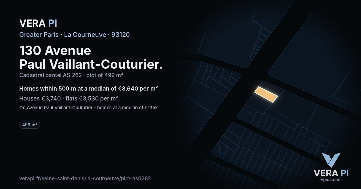 130 Avenue Paul Vaillant-Couturier, La Courneuve at night – the plot lit, the parcels around coloured by the prices near them