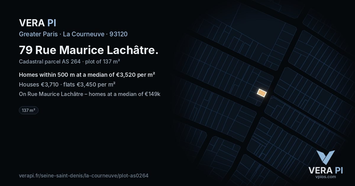 79 Rue Maurice Lachâtre, La Courneuve at night – the plot lit, the parcels around coloured by the prices near them