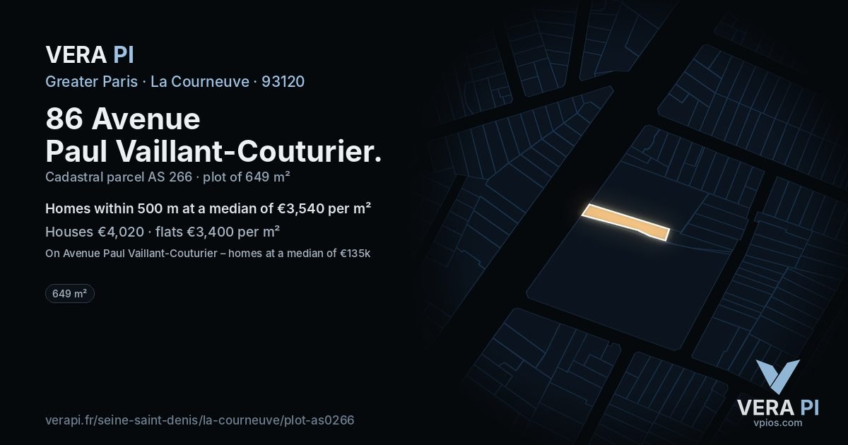 86 Avenue Paul Vaillant-Couturier, La Courneuve at night – the plot lit, the parcels around coloured by the prices near them