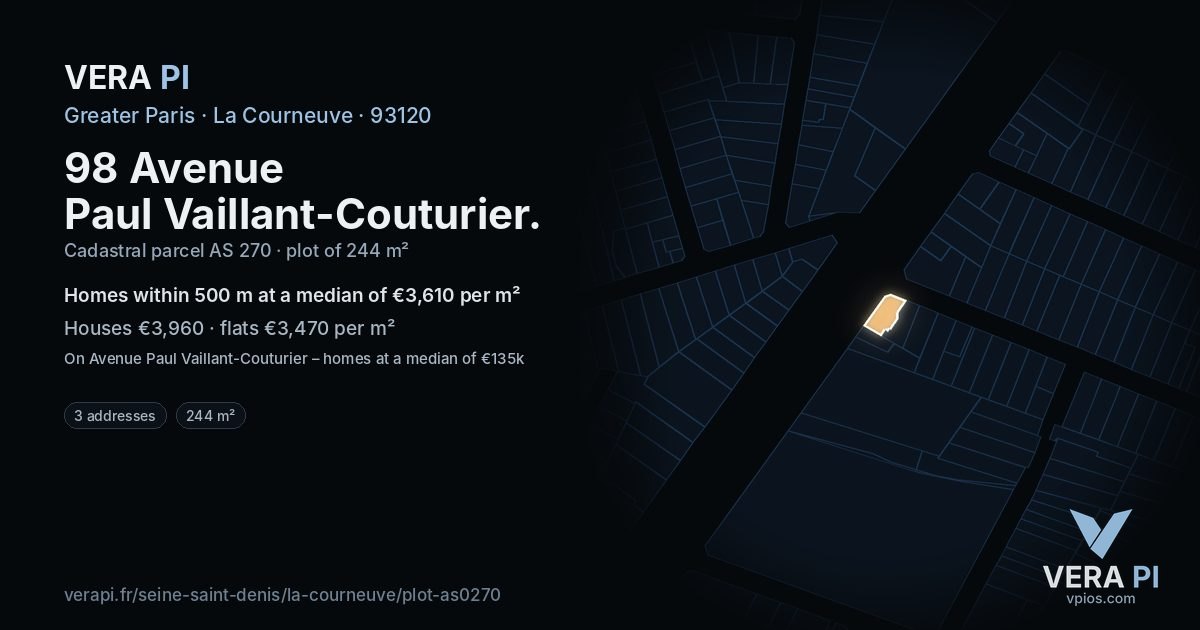 98 Avenue Paul Vaillant-Couturier, La Courneuve at night – the plot lit, the parcels around coloured by the prices near them