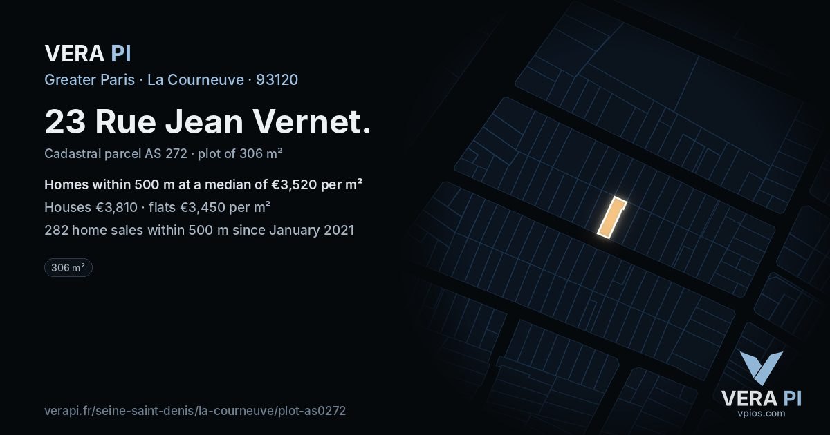 23 Rue Jean Vernet, La Courneuve at night – the plot lit, the parcels around coloured by the prices near them
