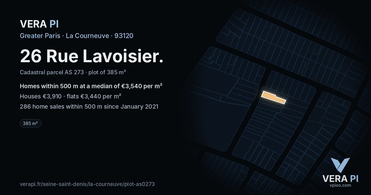 26 Rue Lavoisier, La Courneuve at night – the plot lit, the parcels around coloured by the prices near them