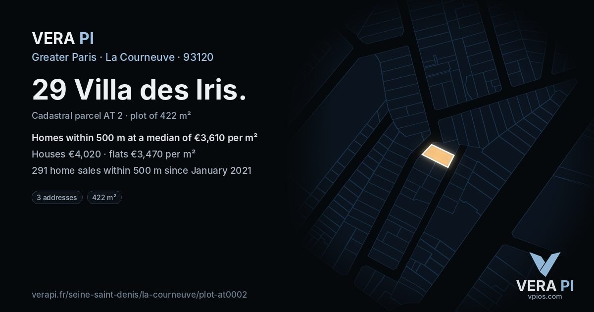 29 Villa des Iris, La Courneuve at night – the plot lit, the parcels around coloured by the prices near them