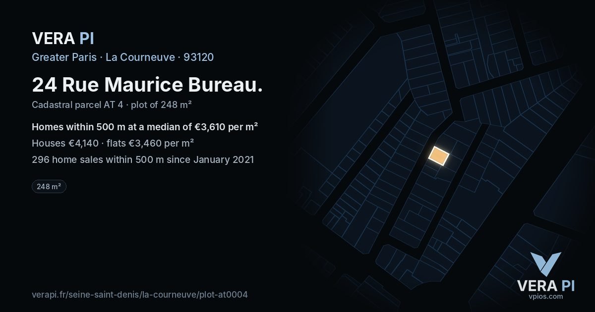 24 Rue Maurice Bureau, La Courneuve at night – the plot lit, the parcels around coloured by the prices near them