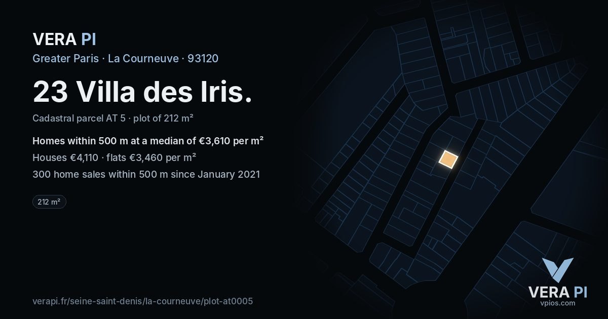 23 Villa des Iris, La Courneuve at night – the plot lit, the parcels around coloured by the prices near them
