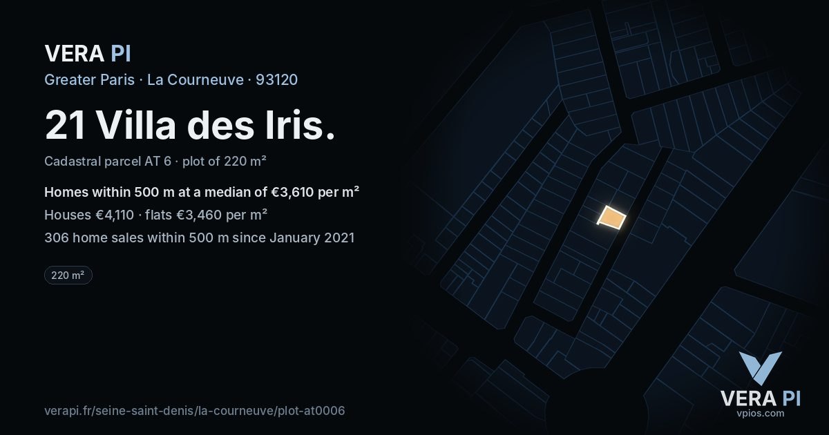 21 Villa des Iris, La Courneuve at night – the plot lit, the parcels around coloured by the prices near them