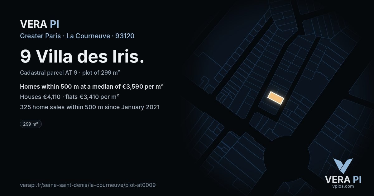 9 Villa des Iris, La Courneuve at night – the plot lit, the parcels around coloured by the prices near them