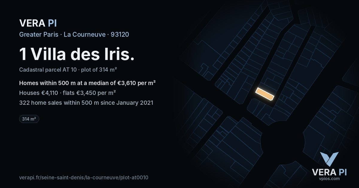 1 Villa des Iris, La Courneuve at night – the plot lit, the parcels around coloured by the prices near them