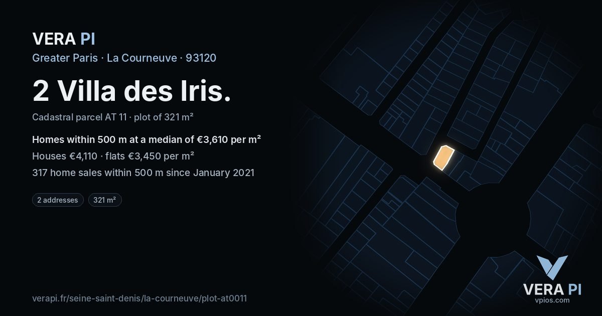 2 Villa des Iris, La Courneuve at night – the plot lit, the parcels around coloured by the prices near them