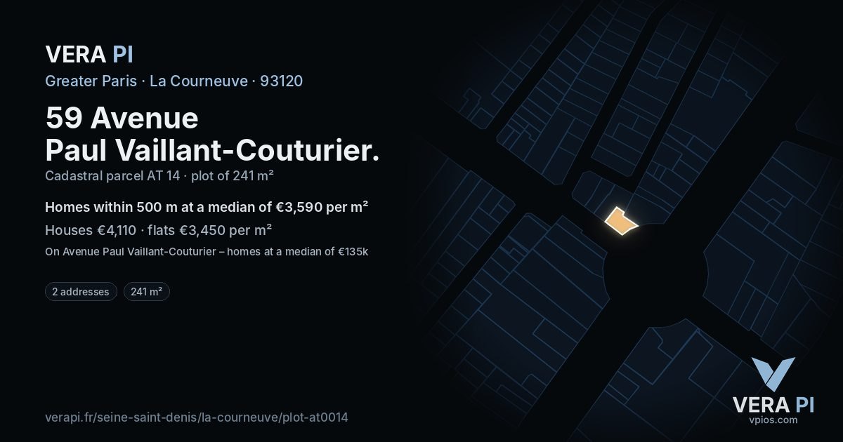 59 Avenue Paul Vaillant-Couturier, La Courneuve at night – the plot lit, the parcels around coloured by the prices near them