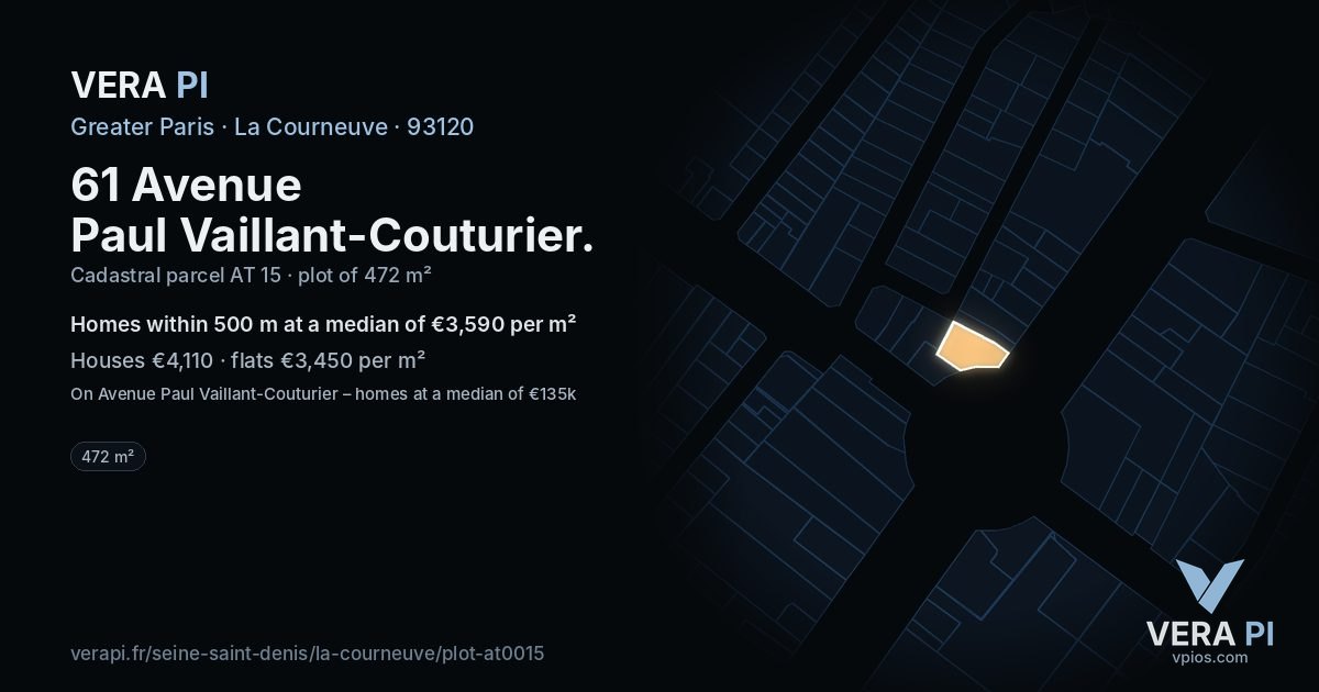 61 Avenue Paul Vaillant-Couturier, La Courneuve at night – the plot lit, the parcels around coloured by the prices near them