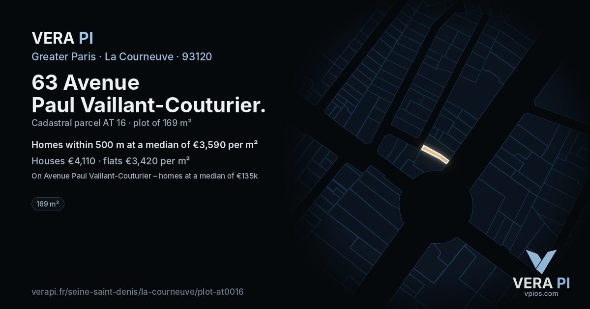 63 Avenue Paul Vaillant-Couturier, La Courneuve at night – the plot lit, the parcels around coloured by the prices near them