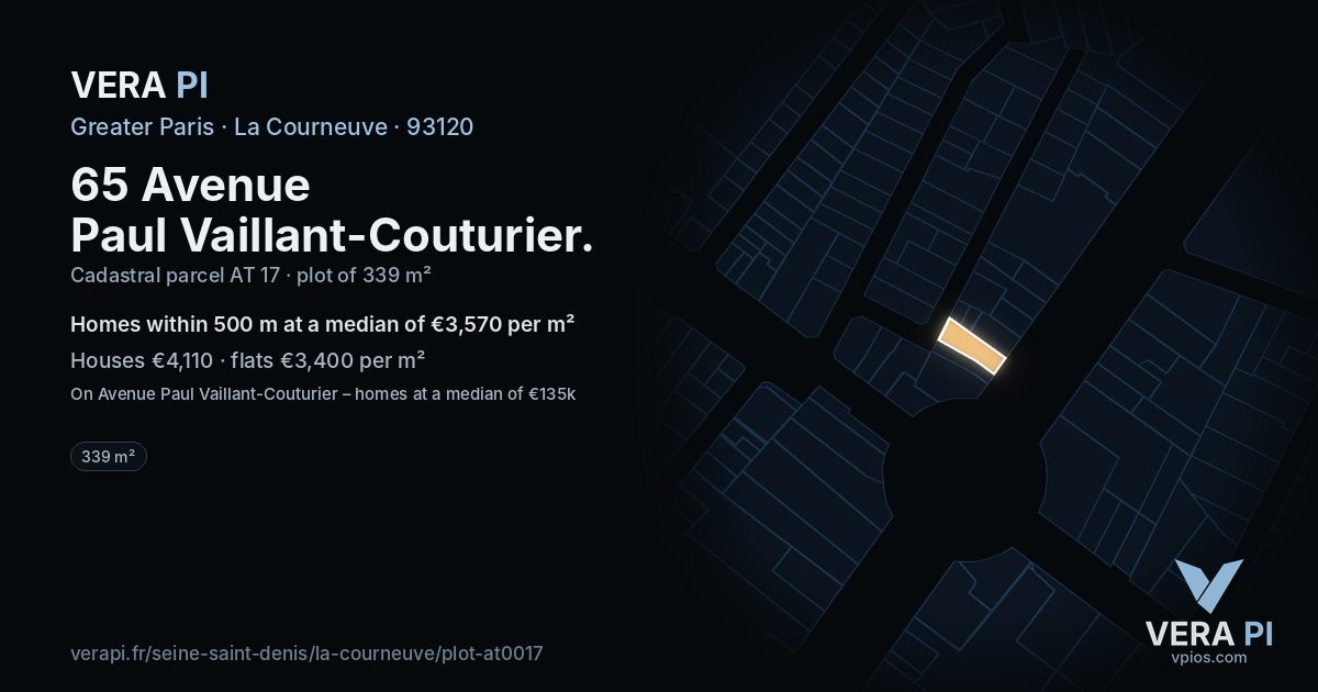 65 Avenue Paul Vaillant-Couturier, La Courneuve at night – the plot lit, the parcels around coloured by the prices near them