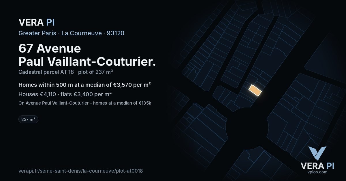 67 Avenue Paul Vaillant-Couturier, La Courneuve at night – the plot lit, the parcels around coloured by the prices near them
