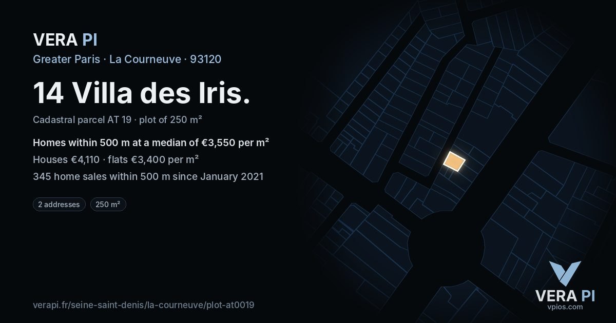 14 Villa des Iris, La Courneuve at night – the plot lit, the parcels around coloured by the prices near them