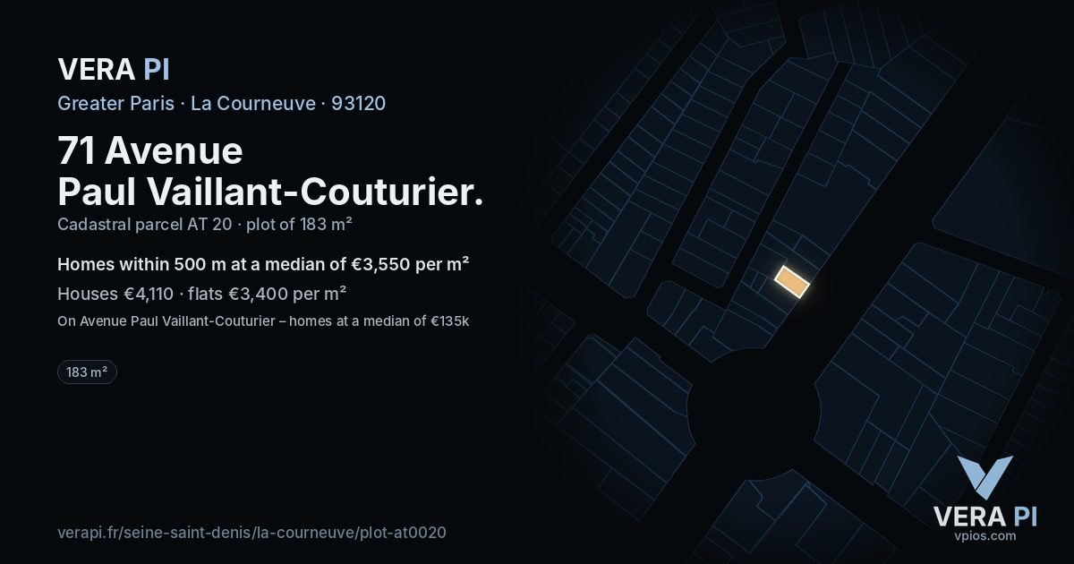 71 Avenue Paul Vaillant-Couturier, La Courneuve at night – the plot lit, the parcels around coloured by the prices near them