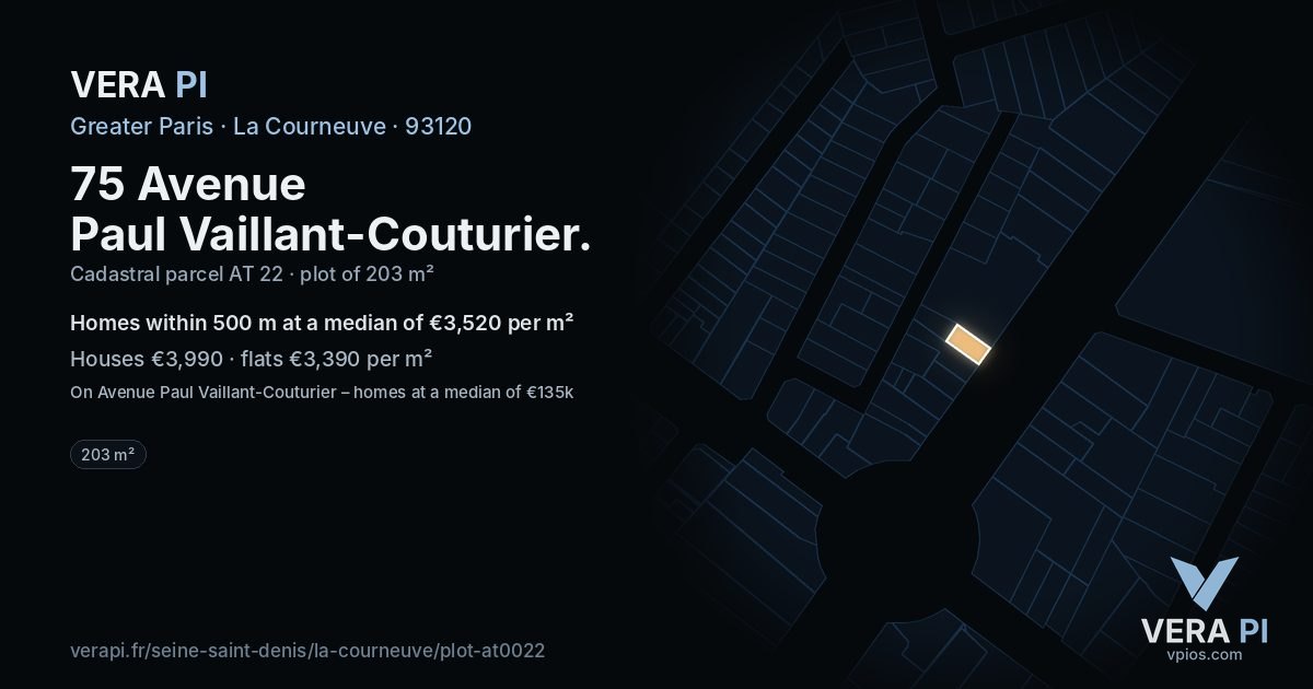 75 Avenue Paul Vaillant-Couturier, La Courneuve at night – the plot lit, the parcels around coloured by the prices near them