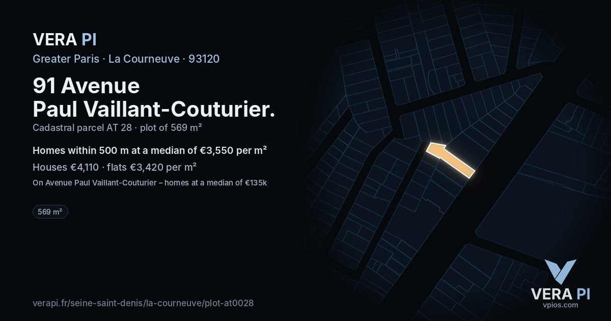 91 Avenue Paul Vaillant-Couturier, La Courneuve at night – the plot lit, the parcels around coloured by the prices near them