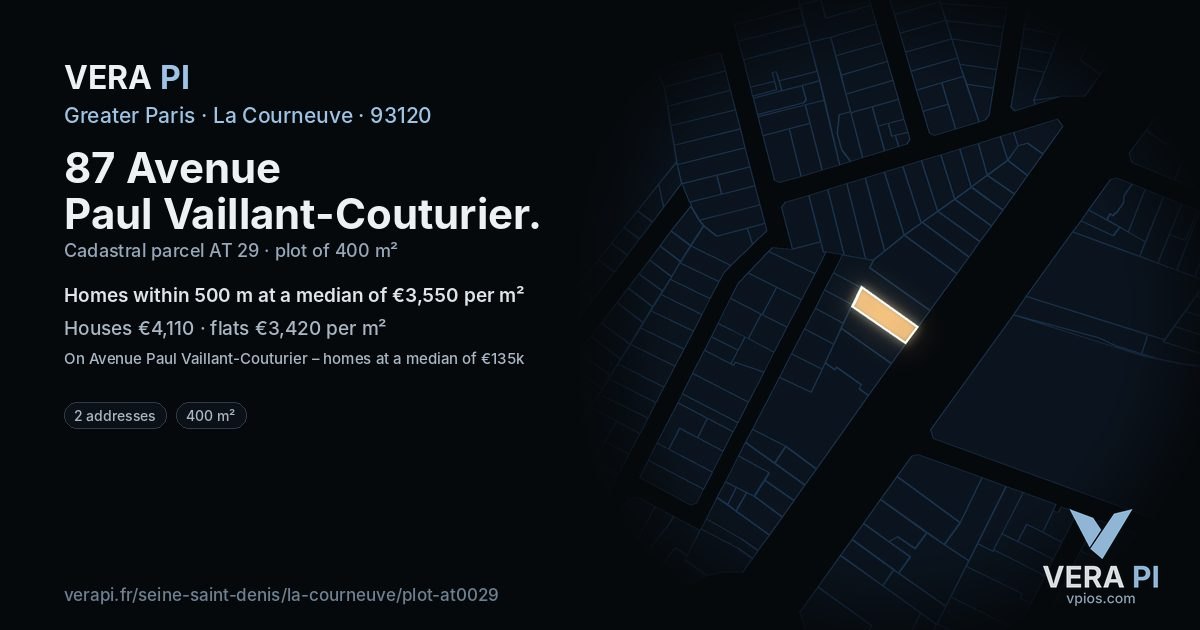 87 Avenue Paul Vaillant-Couturier, La Courneuve at night – the plot lit, the parcels around coloured by the prices near them
