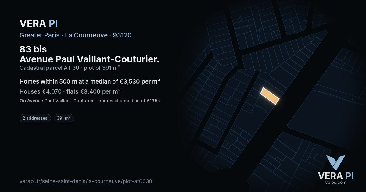83 bis Avenue Paul Vaillant-Couturier, La Courneuve at night – the plot lit, the parcels around coloured by the prices near them