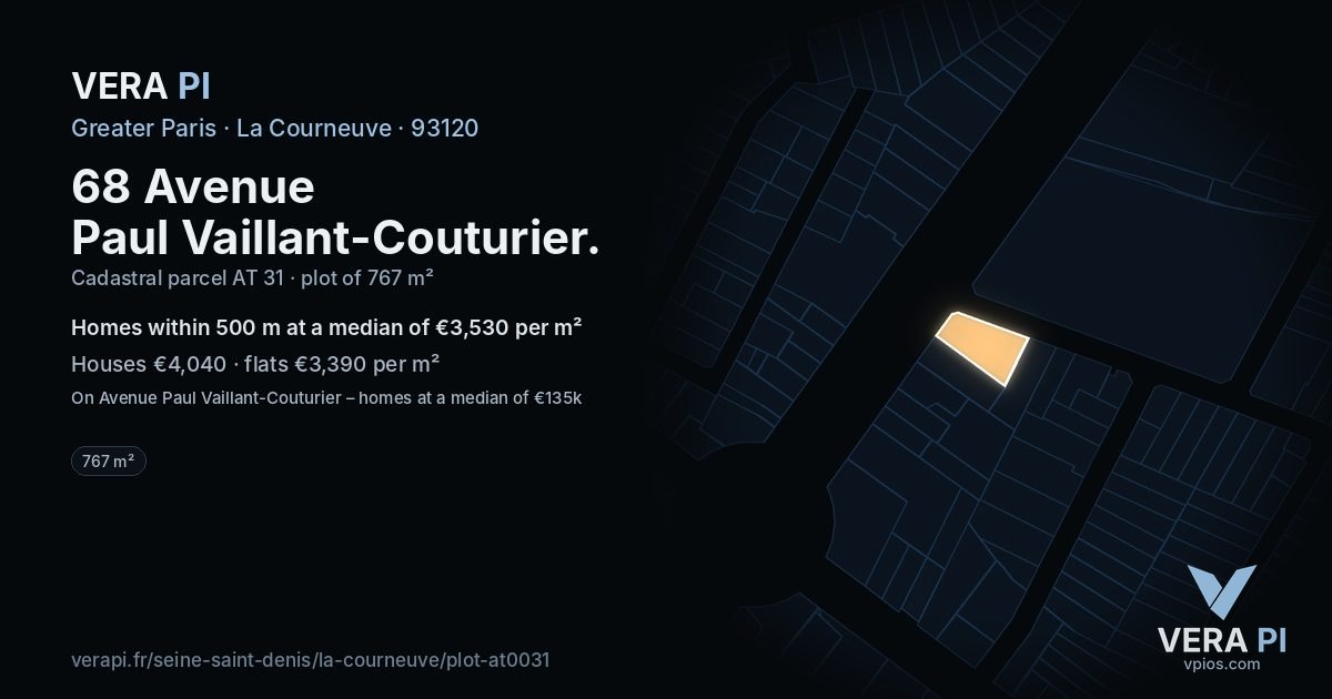 68 Avenue Paul Vaillant-Couturier, La Courneuve at night – the plot lit, the parcels around coloured by the prices near them