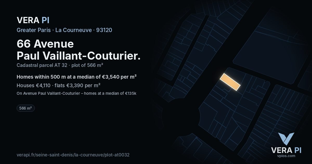 66 Avenue Paul Vaillant-Couturier, La Courneuve at night – the plot lit, the parcels around coloured by the prices near them